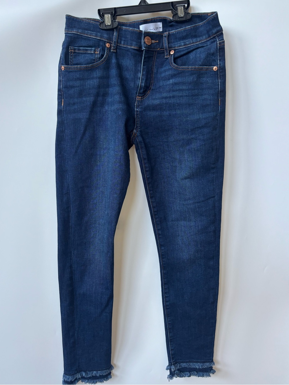 LOFT Women's Skinny Jeans Dark Wash Blue Denim Mid Rise Frayed Hem, Size 2